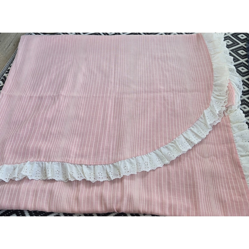 Vintage JCPenney Twin Bedspread Pink White Stripe Eyelet Ruffle Cottage Bedding